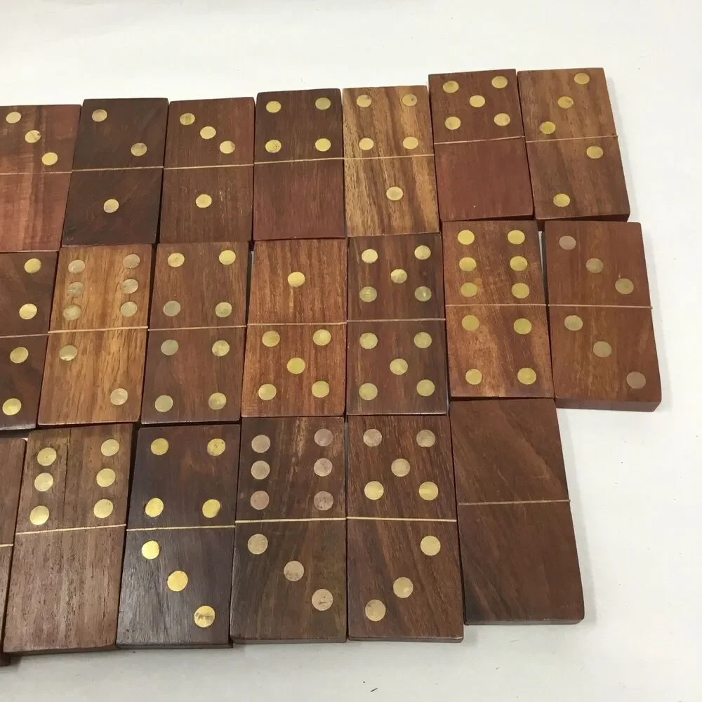 Vintage Wooden Domino Set Storage Box Wood with Brass Inlay Handcrafted 28 Piece